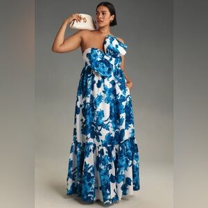 ATSU SALLY BOW MIDI DRESS PLUS BLUE MOTIF